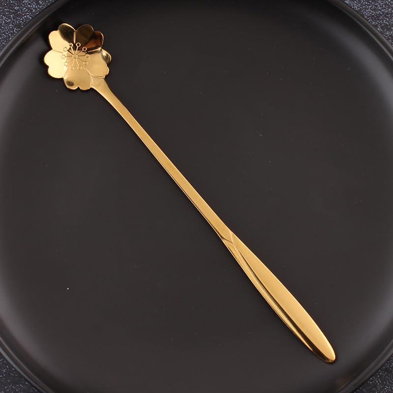 16 Pieces Flower Spoon Coffee Teaspoon 7 Inch Stainless Steel Long Handle Spoon Stir Bar Spoon Stirring Spoon Ice Cream Spoon Gold Sakura Shaped