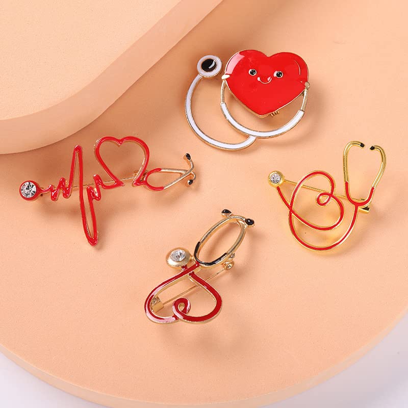 Red Enamel Heart Beating Line Stethoscope Doctor Medical Brooch and Pin (Stethoscope 1)