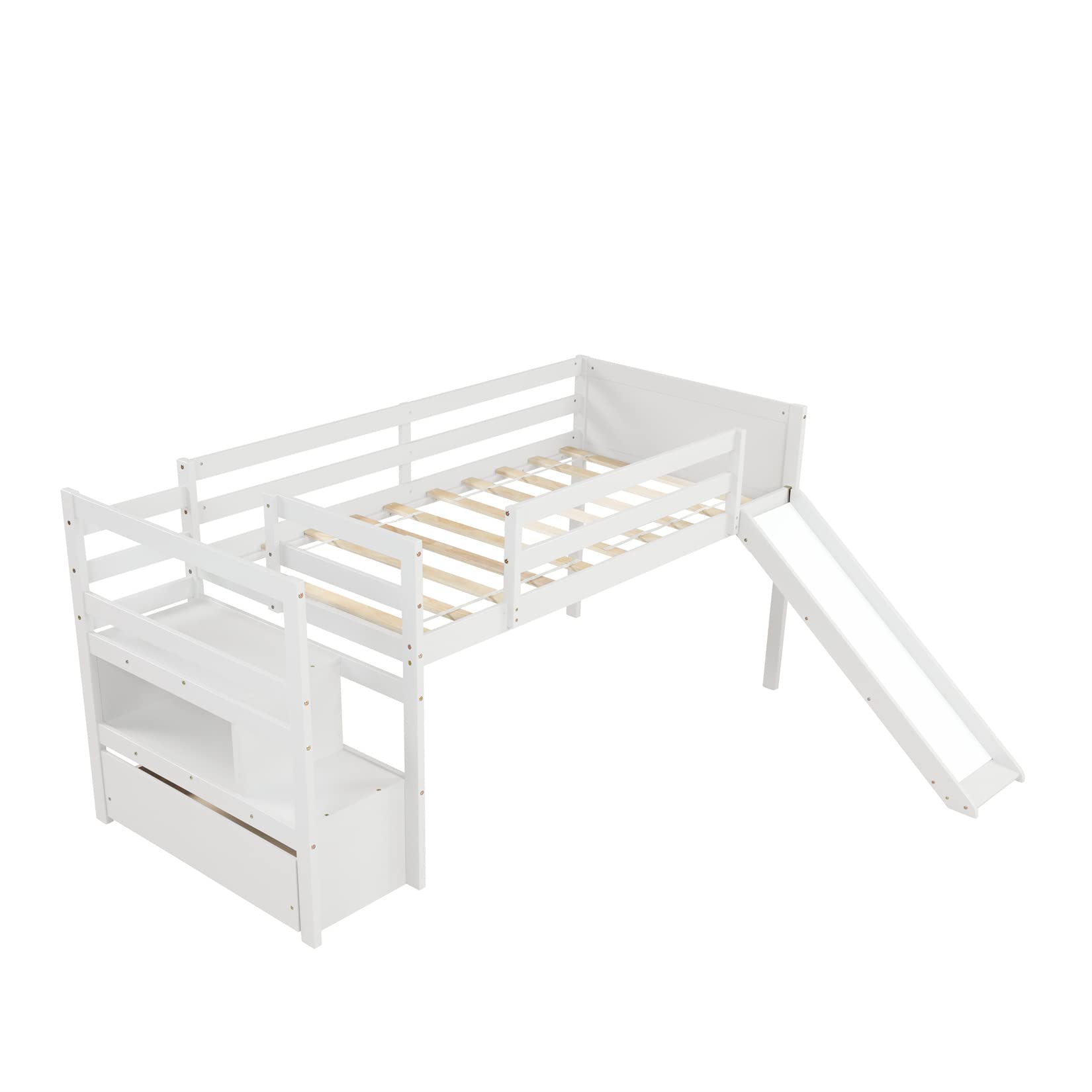 Low Loft Bed with Slide and Stairs Twin Loft Bed with Storage Wood Bed Frame for Kids Teens Girls Boys， White