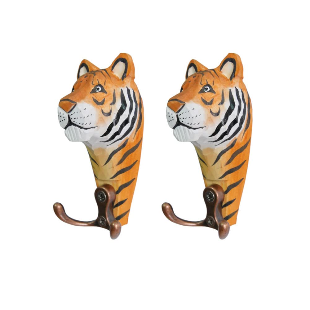 MAGIC WOOD 2PCS Natural Wooden Hooks Animal Creative Wall Mounted Art Décor Hat Coat Towel Hanger Gift (Tiger)