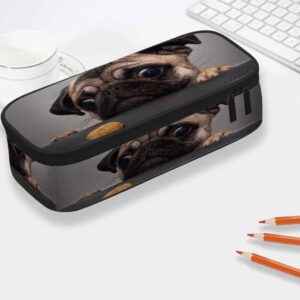 Yekiua Pug Dog Pencil Holder Cute Sad Dog Looks Cookie Big Capacity Pencil Case Multi-Purpose Makeup Pouch For Office College Adult