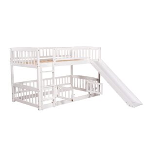 Harper & Bright Designs Low Bunk Bed with Slide Twin Over Twin Bunk Beds for Kids Toddlers, Wood Floor Beds Frame with Rails for Boys Girls Teens, White