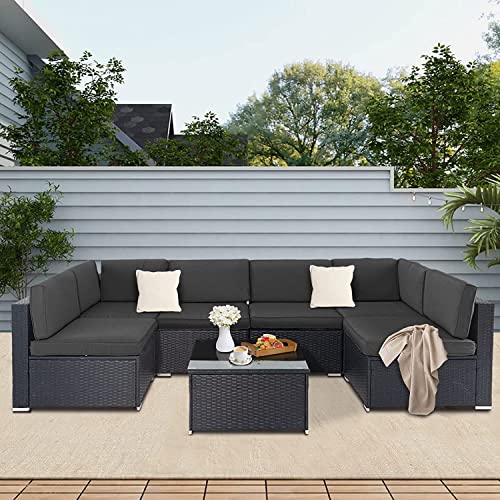 Incbruce 7 Piece Outdoor Patio Furniture Set All-Weather Sectional Sofa Outside Couch, Manual Weaving PE Wicker Rattan Conversation Set with Glass Top Table and Removable Cushions (Gray)