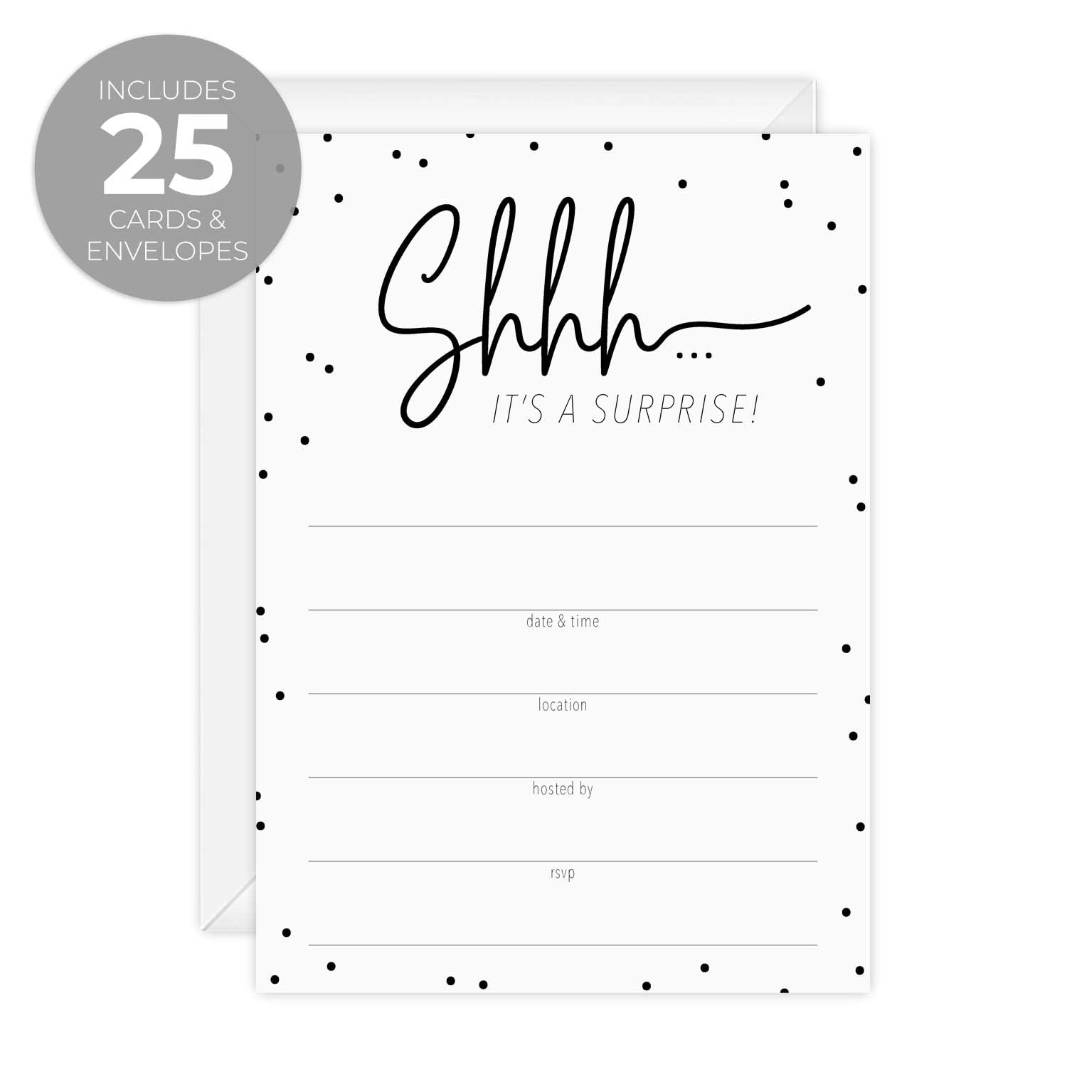 Canopy Street Surprise Party Fill In Invitations / 25 General Invites With White Envelopes / 5" x 7" Modern All Occasion Black And White Confetti Invites/Birthday Party Announcements