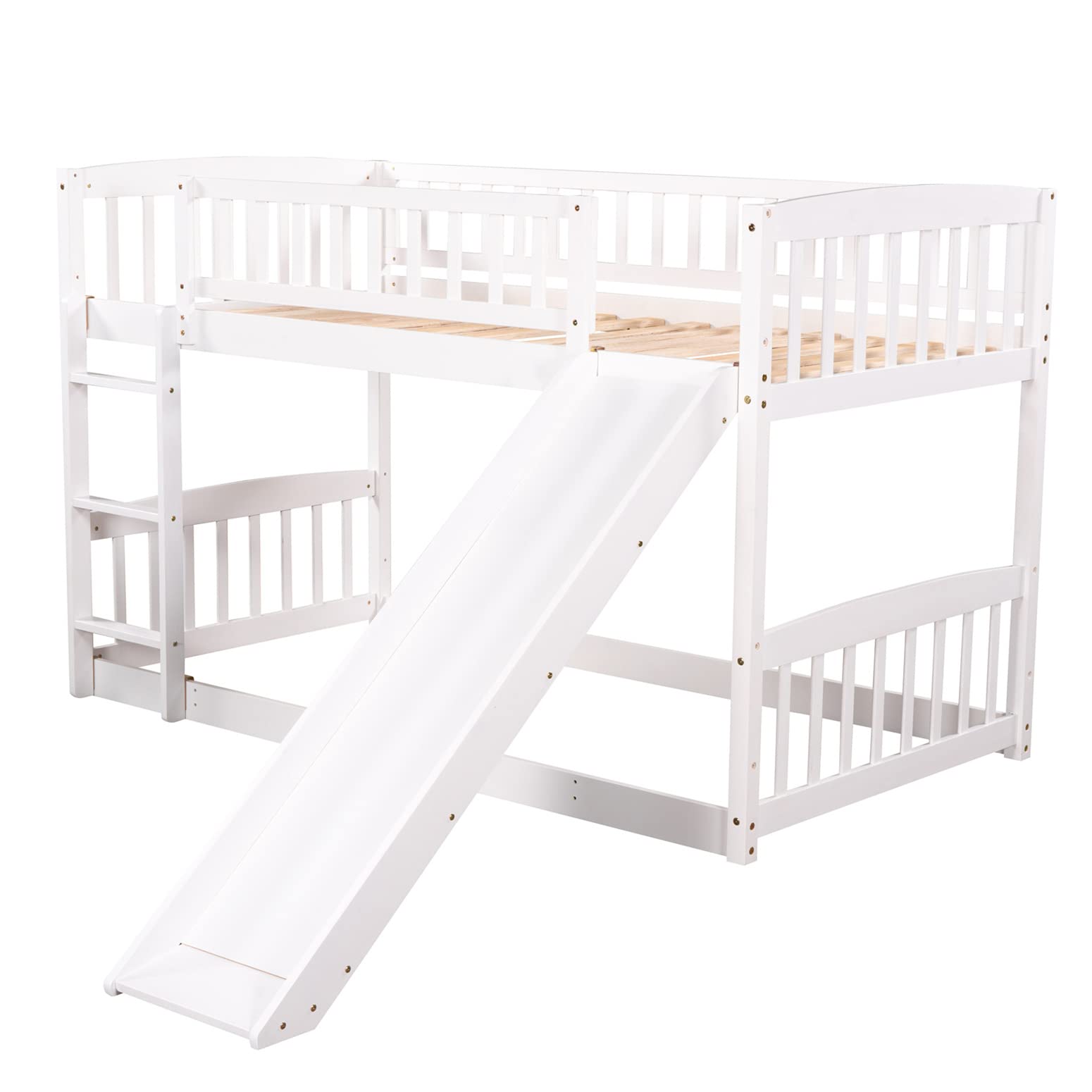 Harper & Bright Designs Low Bunk Bed with Slide Twin Over Twin Bunk Beds for Kids Toddlers, Wood Floor Beds Frame with Rails for Boys Girls Teens, White