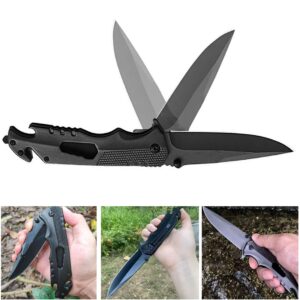 Wellsure 5-in-1 Multitool Folding Knife, Stainless Steel, Black - Camping Knife with Bottle Opener, Glass Breaker, Seatbelt Cutter and Wrench