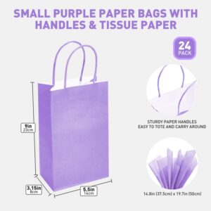 DjinnGlory 24 Pack Small Purple Lavender Paper Gift Bags with Handles 9x5.5x3.15 Inch and 24 Tissue Paper for Business Birthday Wedding Bridal Baby Shower Party Favors Goodies