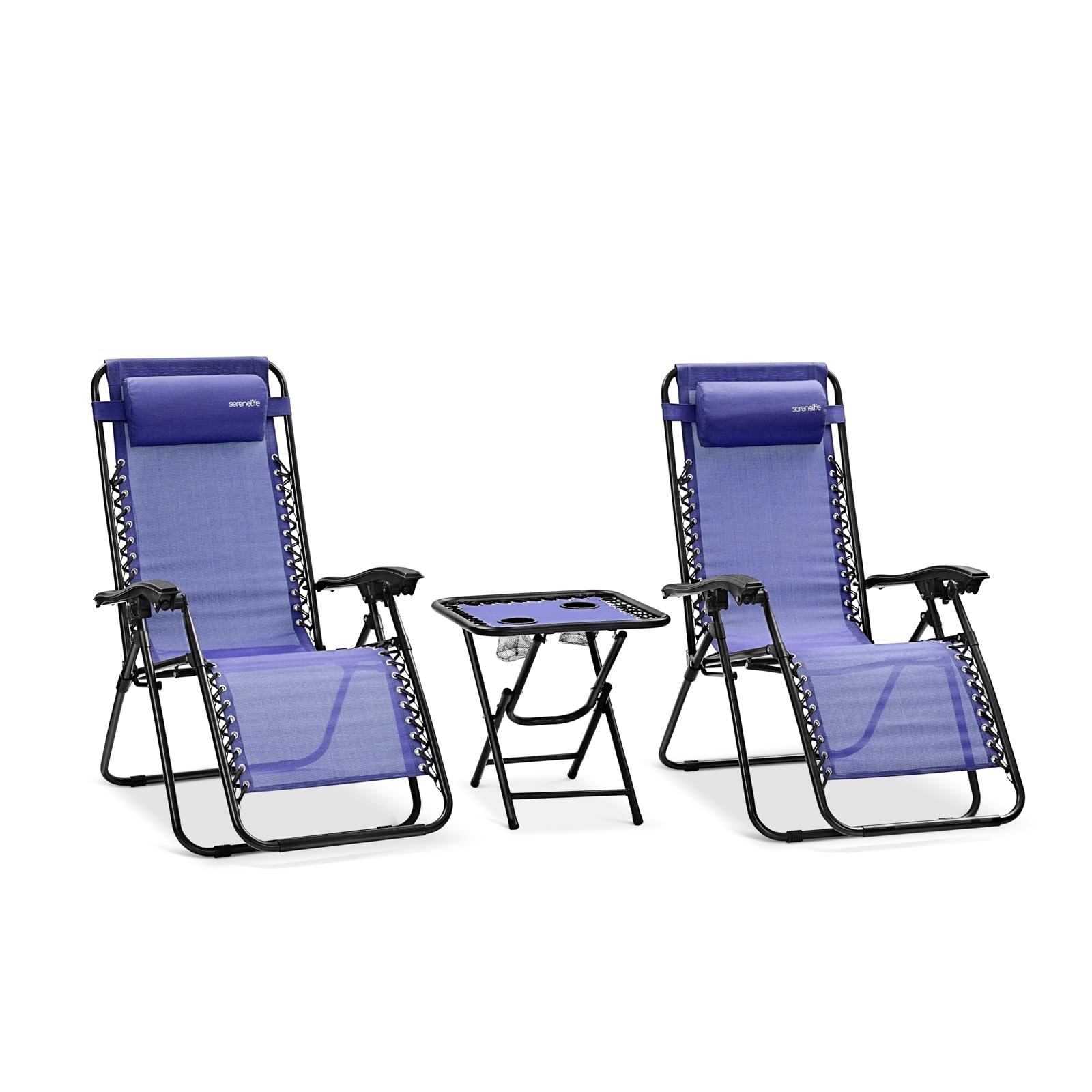 SereneLife Zero Gravity Chairs Set of 2 - Adjustable Mesh Lawn Chairs - Outdoor Lounge Chairs with Side Table 2 Cup Holders - Foldable Outdoor Chair with Removable Pillows - Gray