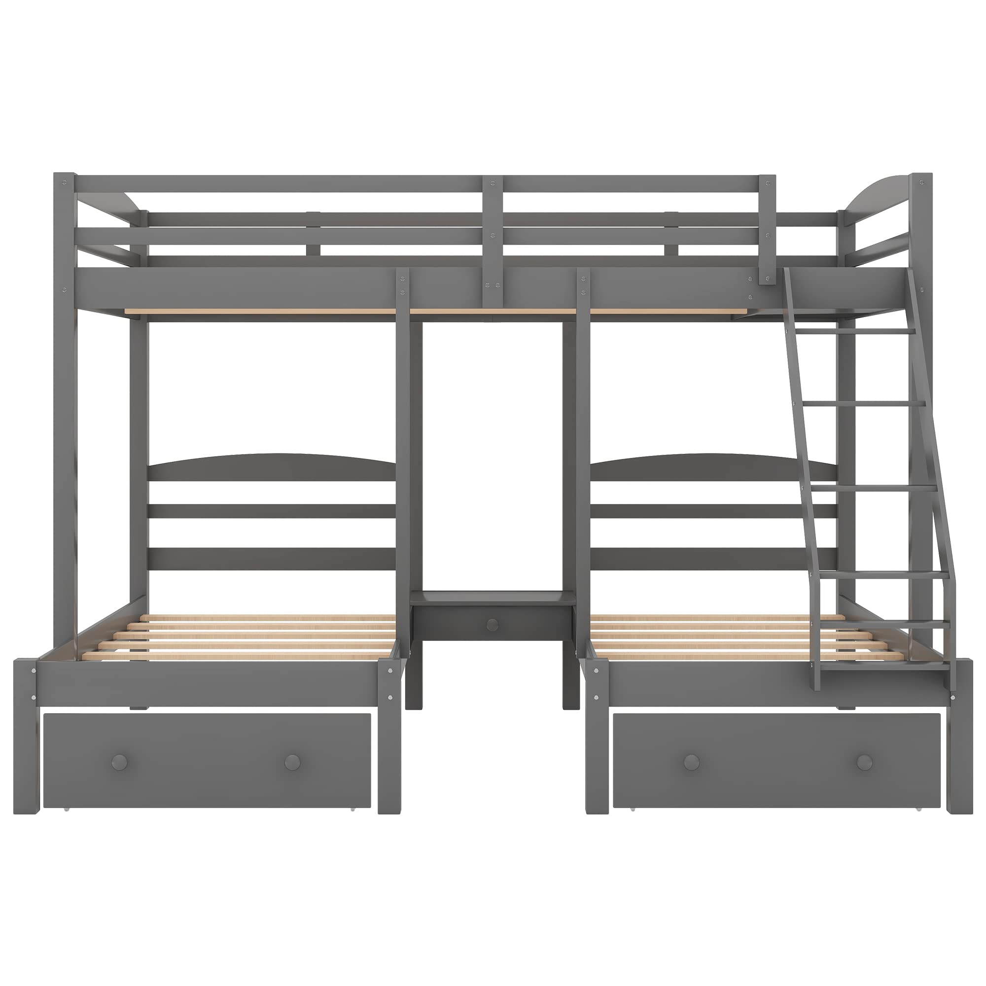 Harper & Bright Designs Triple Bunk Beds with Drawers and Guardrails,Full Over Twin & Twin Bunk Bed with Storage, Wooden Triple Bunk for Kids, Teens,Girls Boys (Gray with Drawers)