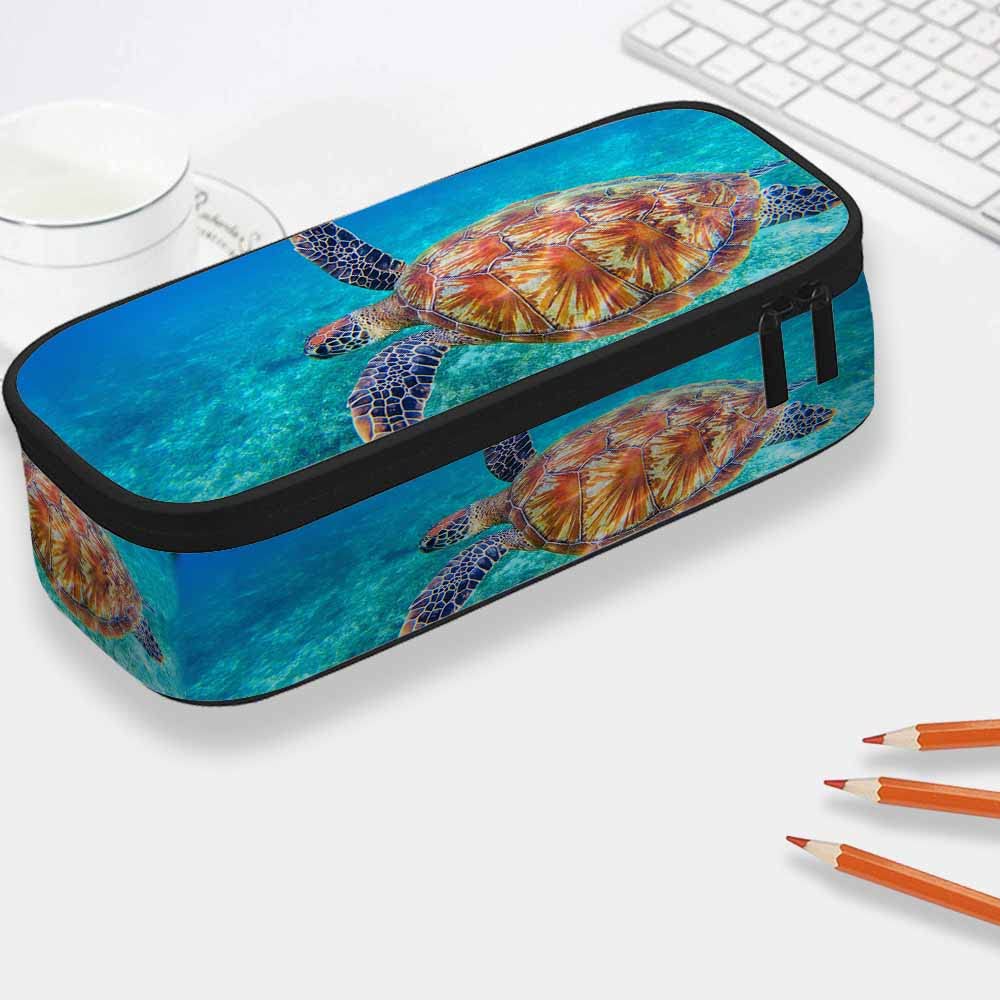 Yekiua Sea Turtle Pen Bag Big Green Sea Wildlife Tropical Coral Reef Blue Water Aquatic Large Pencil Case Big Capacity Pencil Pouch Pencil Holder