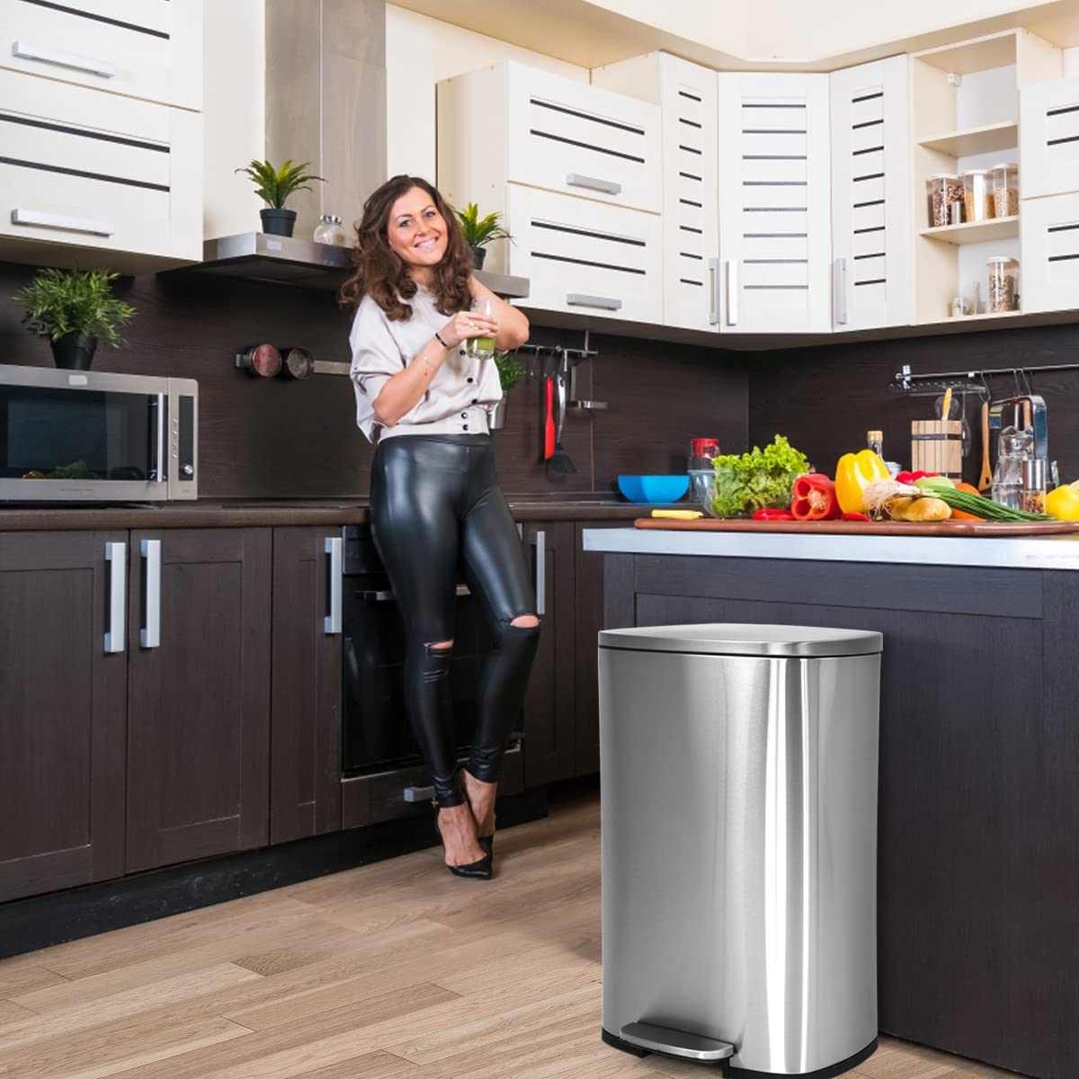 NFPSHOP 13 Gallon Metal Trash Can, Stainless Steel Trash Can Step with Lid, Large Garbage Cans Wastebasket with Pedal for Kitchen,Bathroom,Restroom Office Trash Bin Garbage Bin, Silver/Nickel