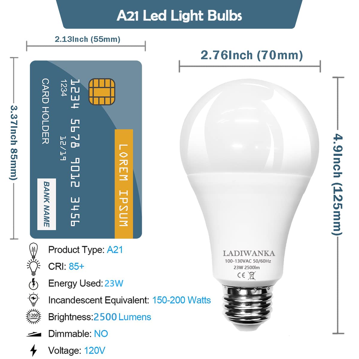 Ladiwanka 150 Watt Led Bulb, 2500LM Bright Led Light Bulbs, 23W Daylight White 5000K, A21 Led Light Bulb, E26 Standard Base Non-Dimmable,6 Pack