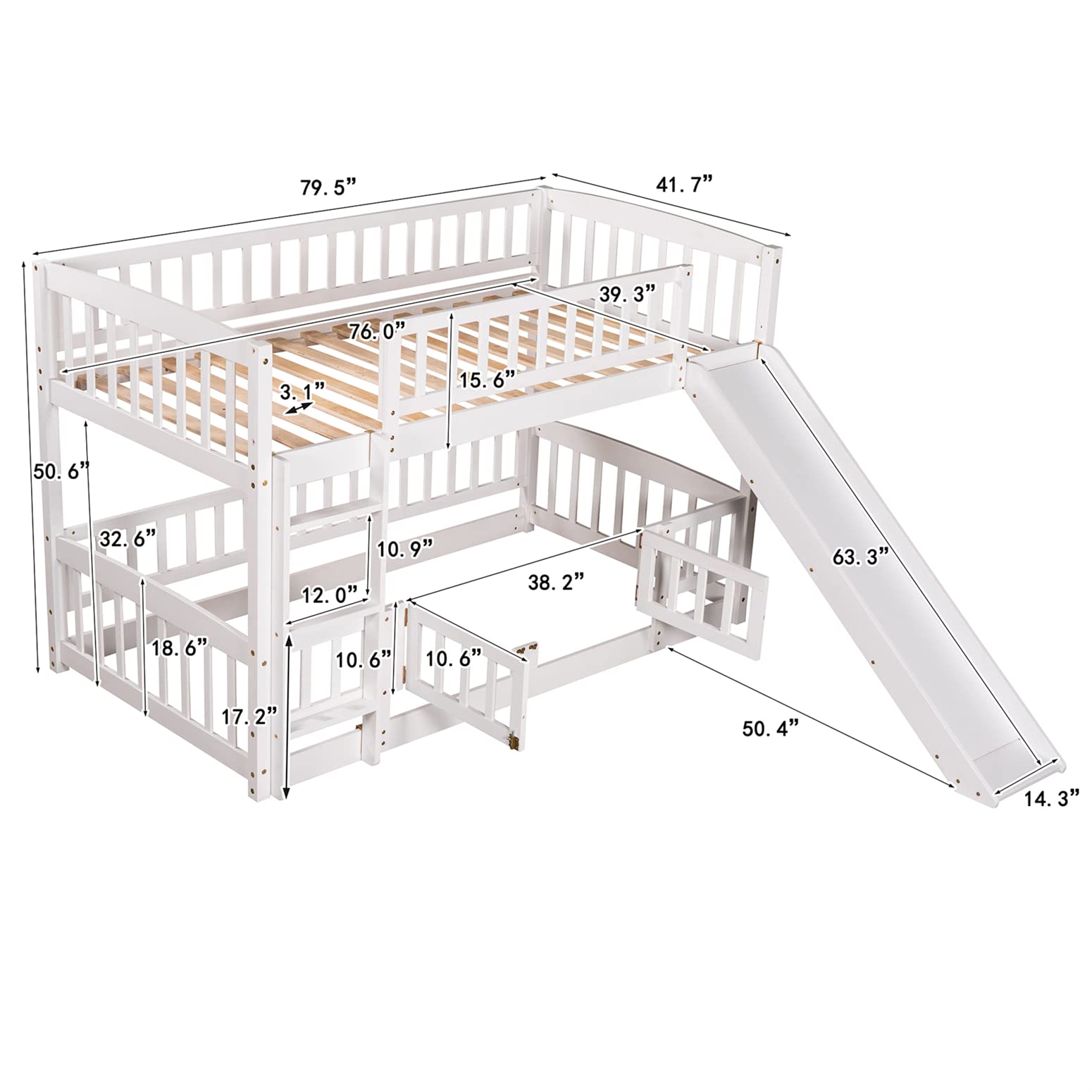 Harper & Bright Designs Low Bunk Bed with Slide Twin Over Twin Bunk Beds for Kids Toddlers, Wood Floor Beds Frame with Rails for Boys Girls Teens, White