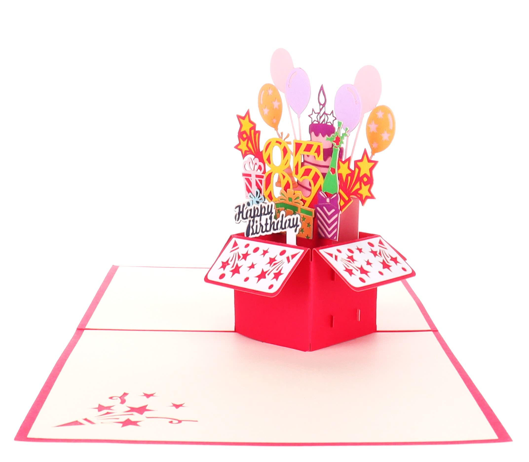 iGifts And Cards Happy 85th Birthday Red Party Box 3D Pop Up Greeting Card - 85th Birthday Gifts For Women, Men, Awesome Eight-Five Bday Presents, 85 Year Old Celebration, Milestone For Husband, Wife