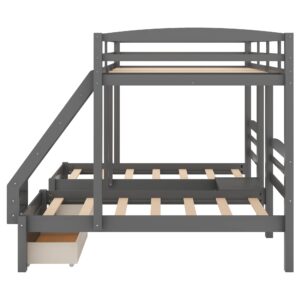 Harper & Bright Designs Triple Bunk Beds with Drawers and Guardrails,Full Over Twin & Twin Bunk Bed with Storage, Wooden Triple Bunk for Kids, Teens,Girls Boys (Gray with Drawers)