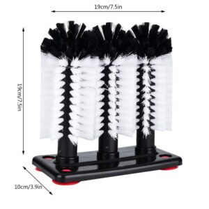 Triple Brush Glass Washer, Glass Washer Brush Cleaner Bristle Brush with 3 Brushe Heads Suction Base Water Bottle Brush Glass Cup Washer for Beer Cup