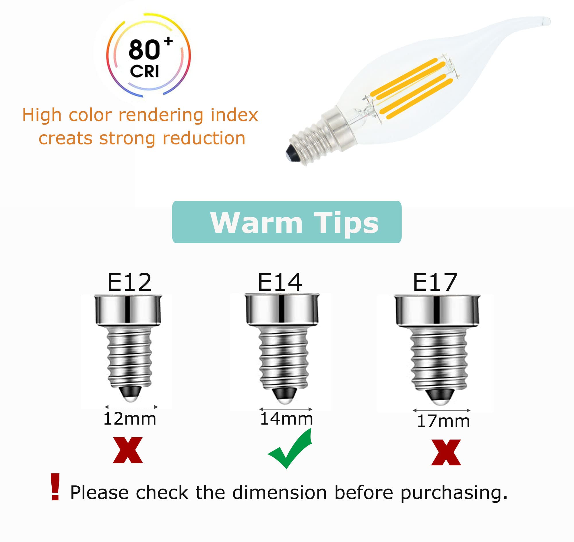 Lamsky E14 LED Bulb European Base 4W LED Chandelier Light Bulbs Dimmable 40W Equivalent,Flame Tip Candelabra LED Bulbs,110V 2700K Warm White,6 Pack