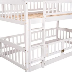 Harper & Bright Designs Low Bunk Bed with Slide Twin Over Twin Bunk Beds for Kids Toddlers, Wood Floor Beds Frame with Rails for Boys Girls Teens, White