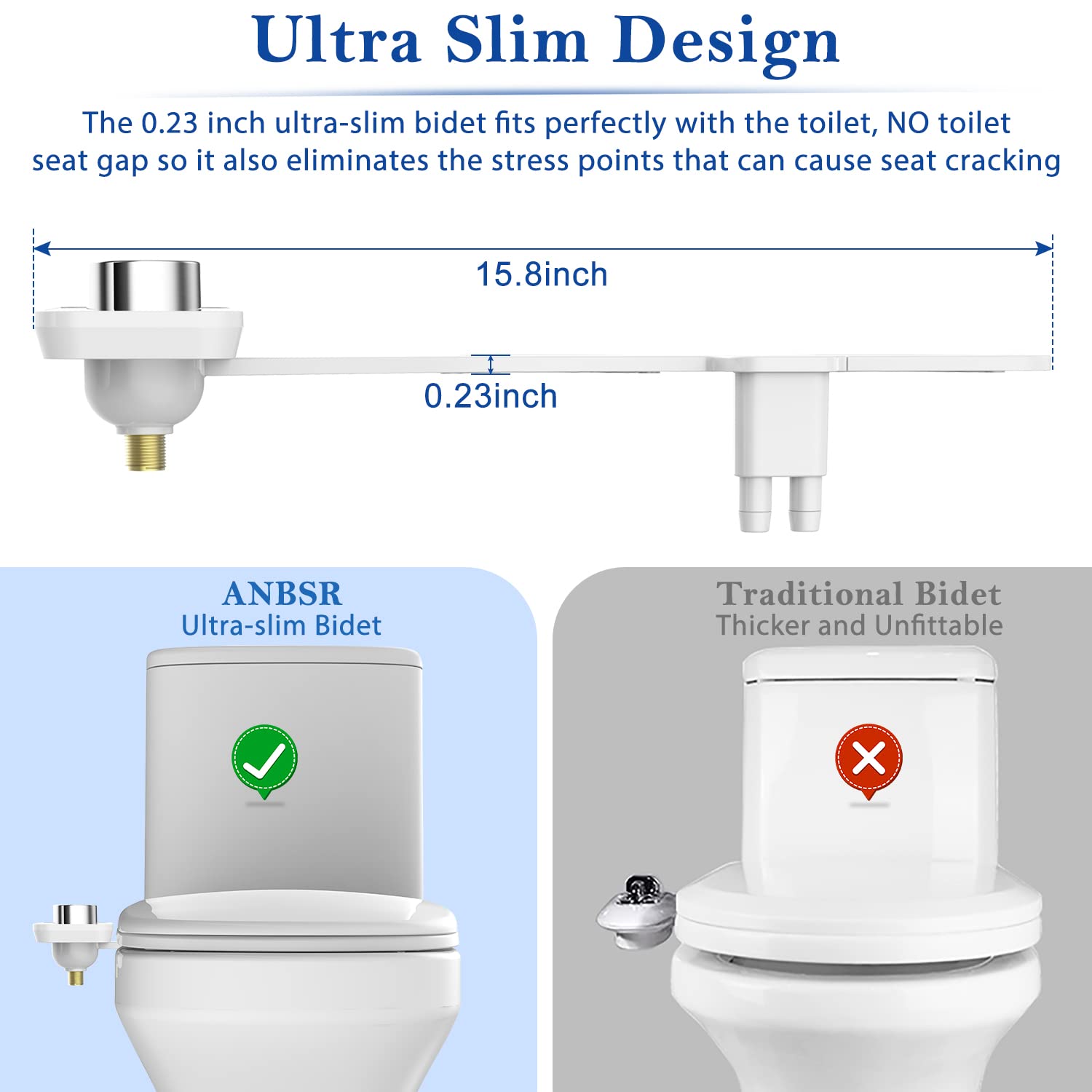 Bidet Attachment for Toilet, ANBSR Ultra-Slim Bidet Attachment Dual Nozzle (Frontal Rear/Feminine Wash) Fresh Cold Water Non-Electric Bidet Toilet Seat Attachment Adjustable Water Pressure