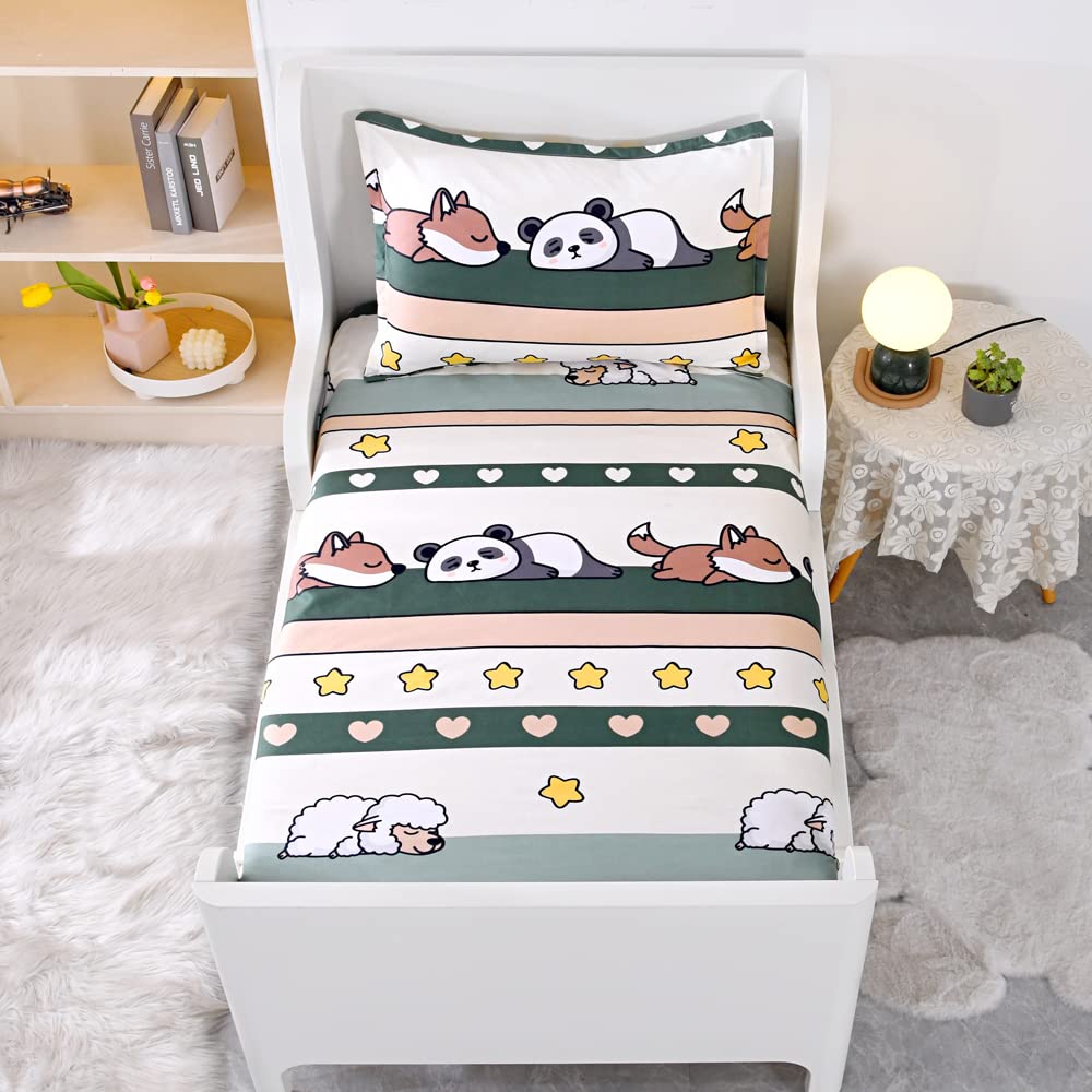 Hecnoey Kids Bed Fitted Sheets and Pillowcases Set,Soft Twin Size Sheet for Boys Girls,Cute Animals Printed Mattress Sheets Cover for Teens (Green(Panda), Twin)