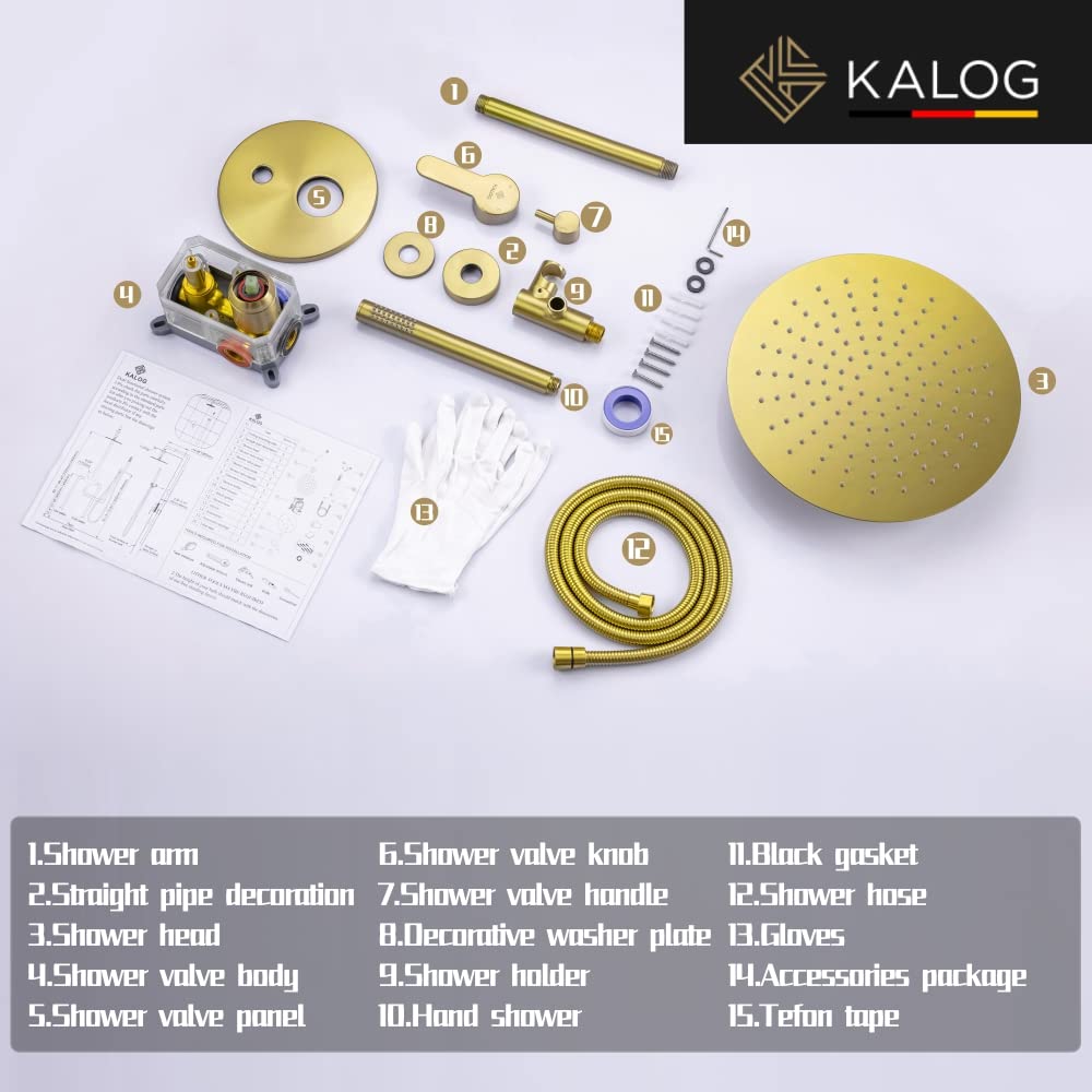 KALOG Shower System with Tub Spout Bathroom Rainfall Shower Faucet Set Wall Mounted (Brushed Nickel-B 12")