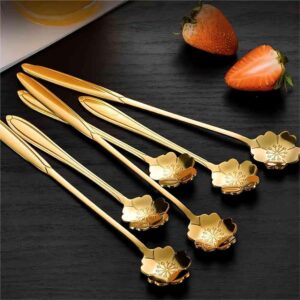 16 Pieces Flower Spoon Coffee Teaspoon 7 Inch Stainless Steel Long Handle Spoon Stir Bar Spoon Stirring Spoon Ice Cream Spoon Gold Sakura Shaped