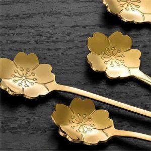 16 Pieces Flower Spoon Coffee Teaspoon 7 Inch Stainless Steel Long Handle Spoon Stir Bar Spoon Stirring Spoon Ice Cream Spoon Gold Sakura Shaped