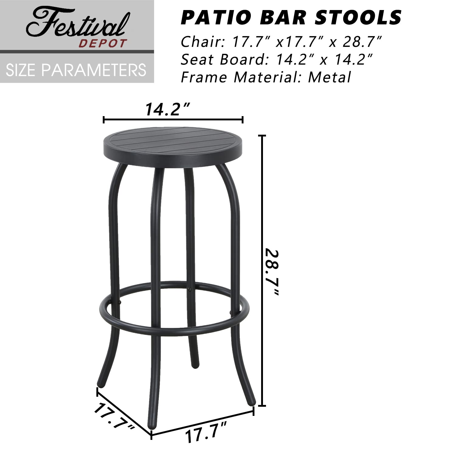 Sports Festival Patio Bar Stools set of 2 Small Round Top Metal Outdoor Furniture Bistro Backless Chair with Adjustable Feet Knob for Industrial Design Garden Porch Poolside Deck Backyard Club (Black)