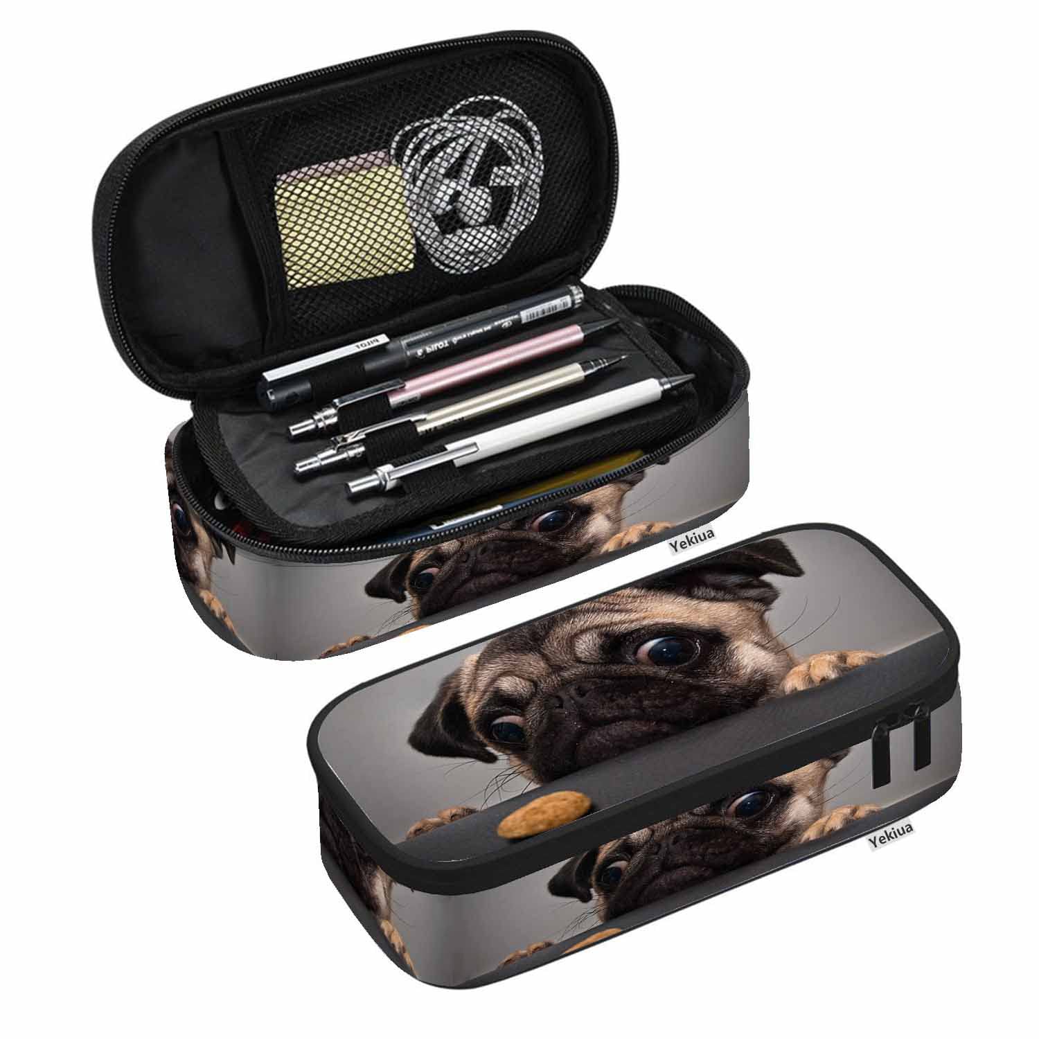 Yekiua Pug Dog Pencil Holder Cute Sad Dog Looks Cookie Big Capacity Pencil Case Multi-Purpose Makeup Pouch For Office College Adult