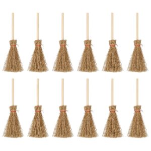 SEWACC Mini Straw Brooms with Red Ropes 12pcs Straw Broom Wizard Decor Artificial Miniature Halloween Straw Broom Craft Decoration for Home Decor Halloween Party