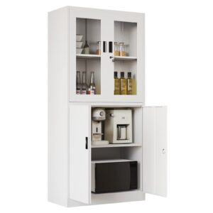 yizosh metal storage cabinet with glass doors - 71" locking display cabinet with 2 adjustable shelves, 4-tier tall steel cabinet locker for kitchen, living room, dining room (white)