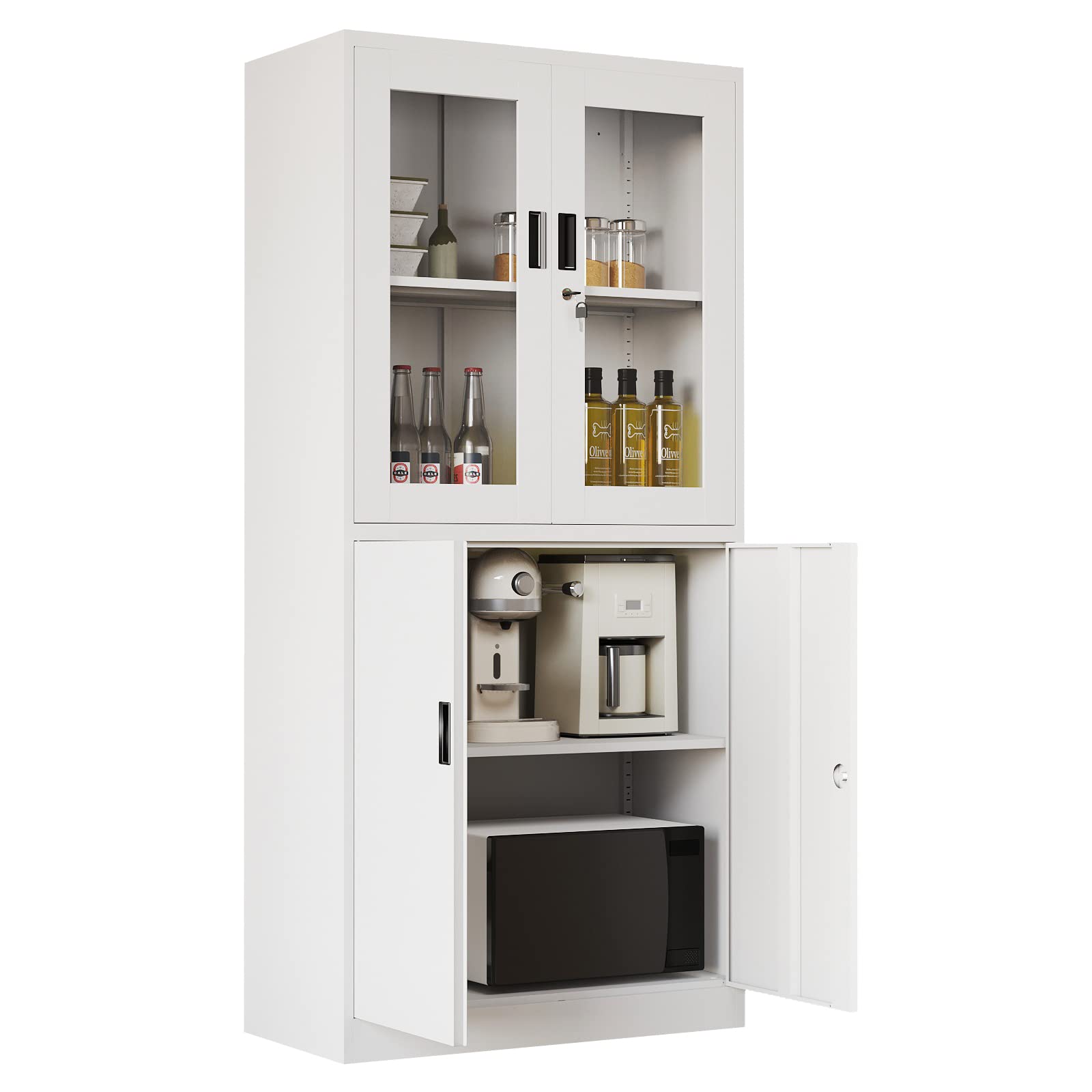 Yizosh Metal Storage Cabinet with Glass Doors - 71" Locking Display Cabinet with 2 Adjustable Shelves, 4-Tier Tall Steel Cabinet Locker for Kitchen, Living Room, Dining Room (White)