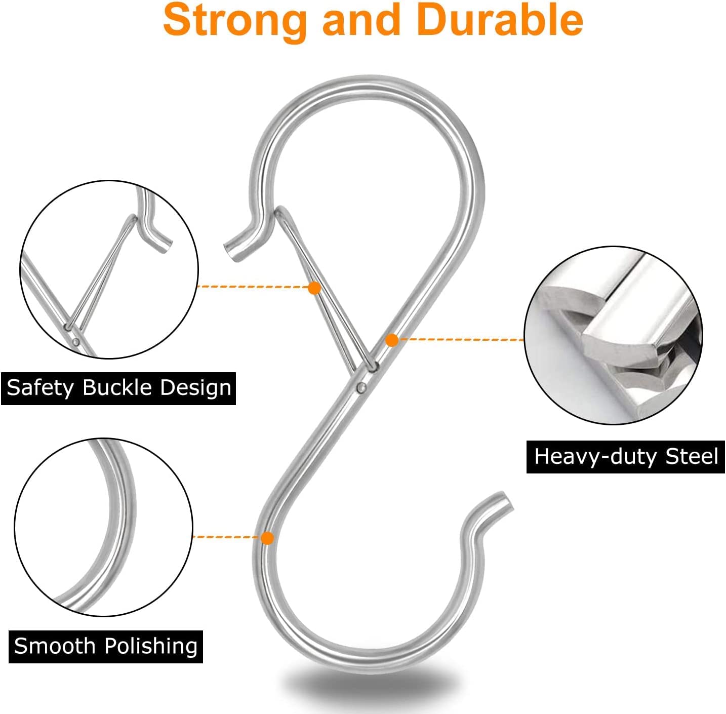 10 Pack Heavy Duty S Hooks Stainless Steel S Shaped Hooks Hanging Hangers for Kitchenware Spoons Pans Pots Utensils Clothes Bags Towers Tools Plants Heavy Duty Rustproof Safety Buckle Design(Sliver)