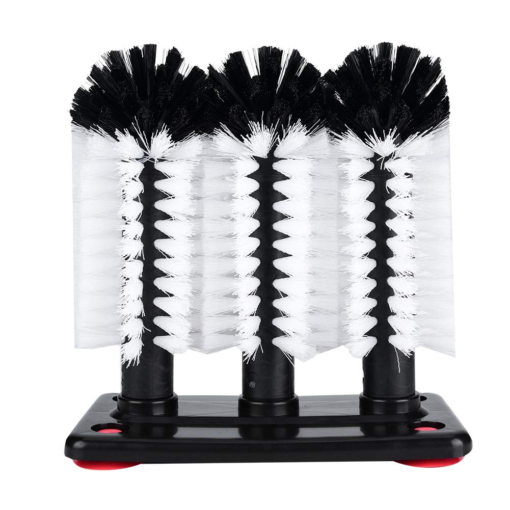 Triple Brush Glass Washer, Glass Washer Brush Cleaner Bristle Brush with 3 Brushe Heads Suction Base Water Bottle Brush Glass Cup Washer for Beer Cup