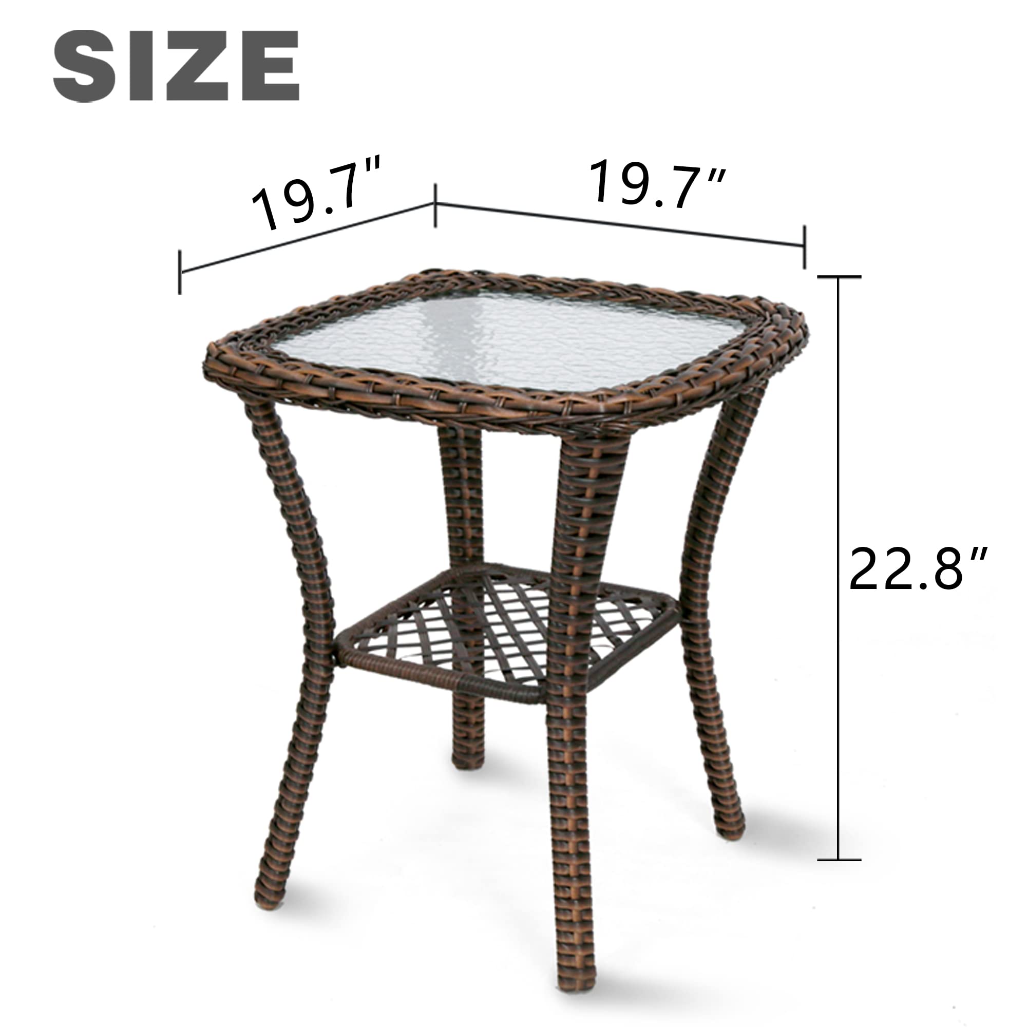 HAPLIFE Patio Wicker Coffee Table Outdoor Backyard Lawn Balcony Pool Square Tempered Glass Top Rattan Steel Frame Side Table Furniture W/Storage Shelf, Brown