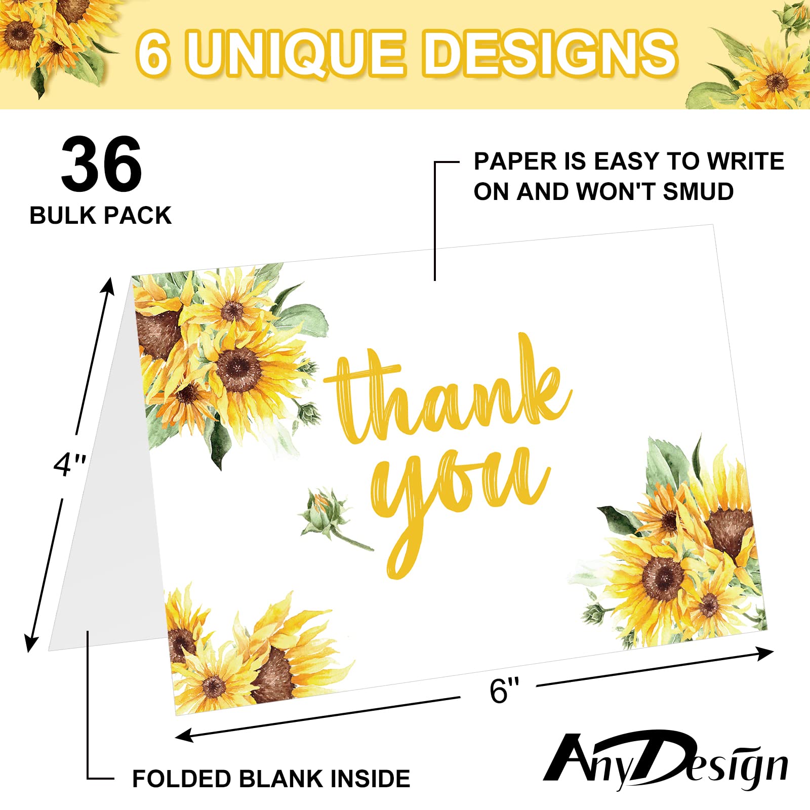 AnyDesign Sunflower Thank You Cards Bulk 36 Pack Thank You Notes with Matching Seal Stickers White Envelopes Watercolor Summer Floral Greeting Cards for Wedding Baby Shower Bridal Birthday Party