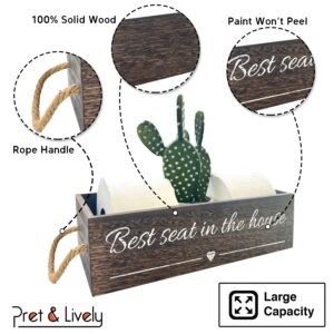 Pret & Lively Farmhouse Box, Bathroom, Storage Basket, Toilet Paper Holder, Funny Gift, Diaper Caddy, Cute Signs, Rustic Wooden Crate with Rope Handles, Artificial Plant, Brown