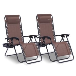 serenelife zero gravity chairs set of 2 - adjustable steel mesh lawn chairs - outdoor lounge chairs with detachable cup holder tray - foldable outdoor chair with removable pillows - brown