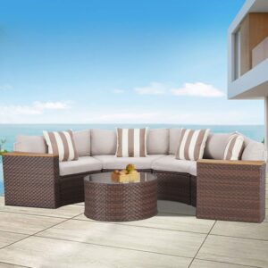 SUNCROWN Outdoor Round Sofa 5-Piece Patio Half-Moon Sectional Sets All Weather Wicker Conversation Furniture with Round Table and Thick Cushion (Light Brown)