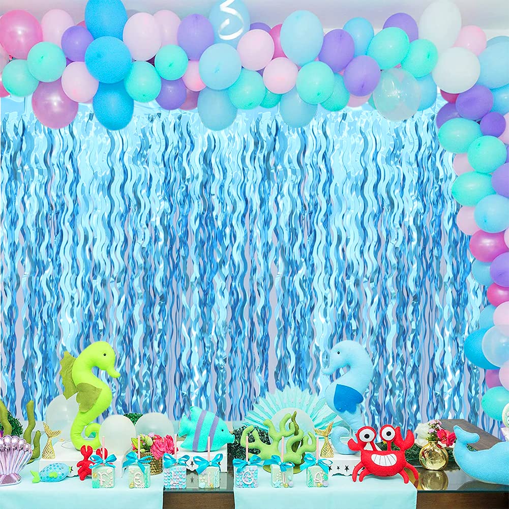 Wavy Tinsel Foil Fringe Curtain Photo Booth Props for Mermaid Birthday Under The Sea Party Decorations (2 Pack 3.2 ft X 6.6 ft Teal Blue)