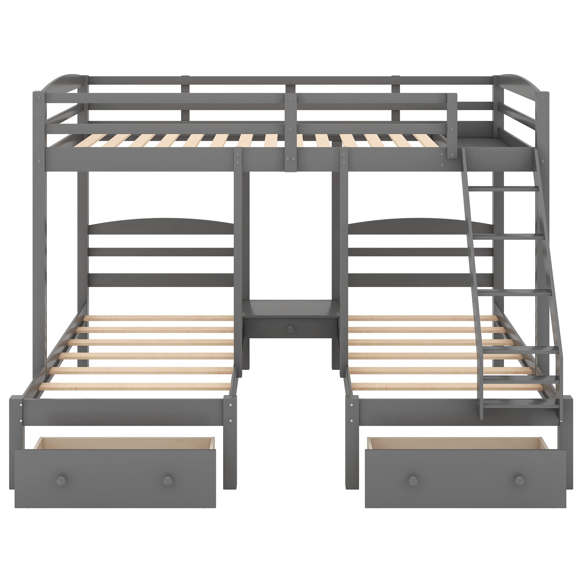 Harper & Bright Designs Triple Bunk Beds with Drawers and Guardrails,Full Over Twin & Twin Bunk Bed with Storage, Wooden Triple Bunk for Kids, Teens,Girls Boys (Gray with Drawers)