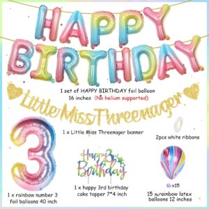 Rainbow 3rd Birthday Party Decorations for Girls - Gradient Party Supplies with Little Miss Threenager Banner Number 3 Balloon Happy Birthday Balloons Banner Cake Topper for Three Years Old Birthday