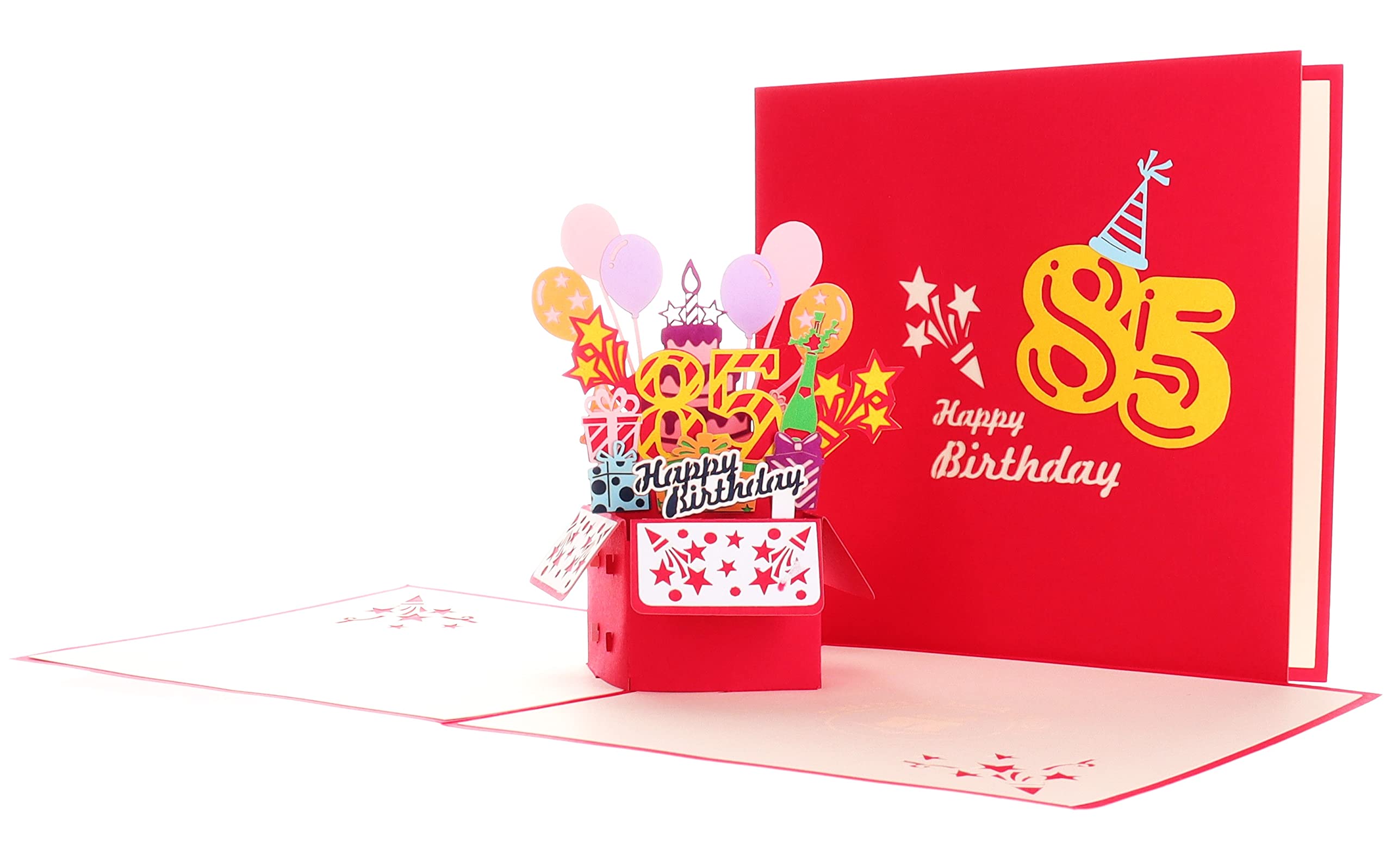 iGifts And Cards Happy 85th Birthday Red Party Box 3D Pop Up Greeting Card - 85th Birthday Gifts For Women, Men, Awesome Eight-Five Bday Presents, 85 Year Old Celebration, Milestone For Husband, Wife