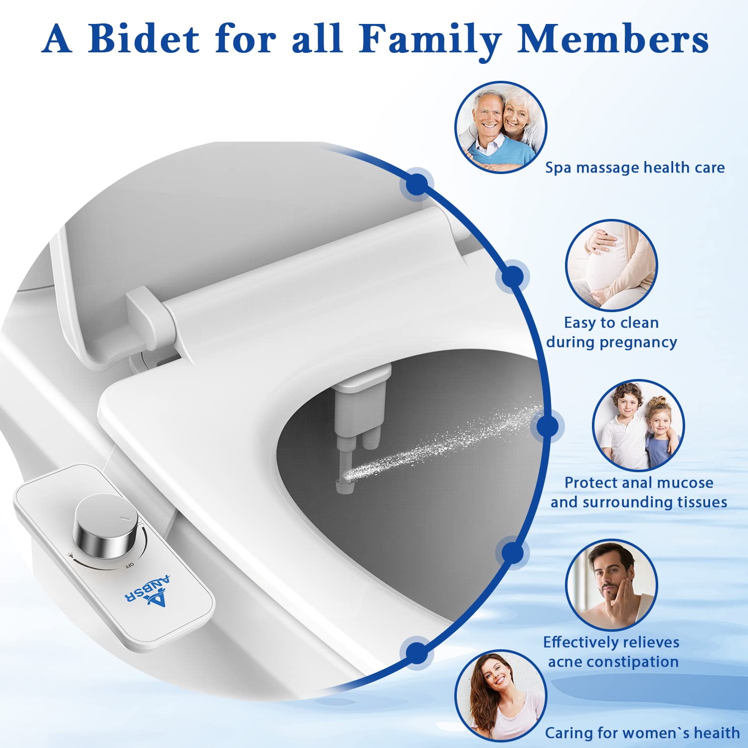 Bidet Attachment for Toilet, ANBSR Ultra-Slim Bidet Attachment Dual Nozzle (Frontal Rear/Feminine Wash) Fresh Cold Water Non-Electric Bidet Toilet Seat Attachment Adjustable Water Pressure