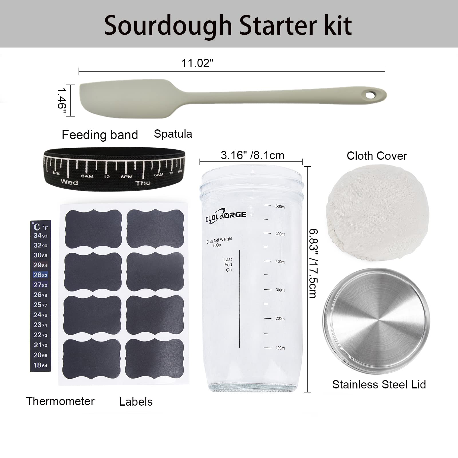 Glolaurge Sourdough Starter Jar, Sourdough Starter Kit with Thermometer, Labels, Spatula, Cloth Cover & Stainless Steel Lid, 24 Oz Wide Mouth Sourdough Starter Container