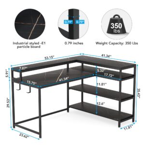 Tribesigns 53 Inch Reversible L Shaped Desk with Storage Shelf, Modern Black Marble Corner Desk with Shelves and Monitor Stand, Gaming Desk for Home Office （53" D x 41" W）