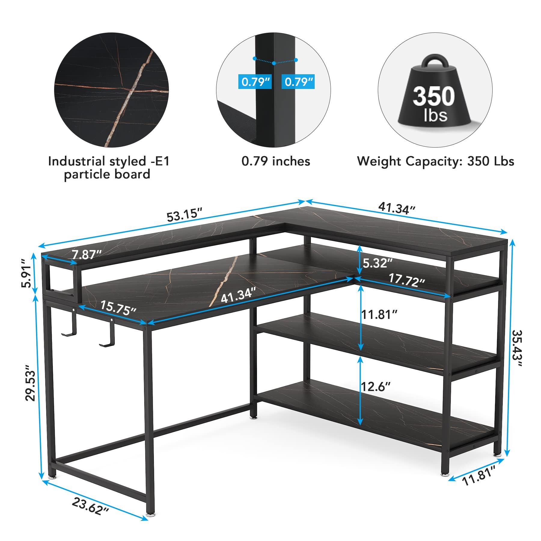 Tribesigns 53 Inch Reversible L Shaped Desk with Storage Shelf, Modern Black Marble Corner Desk with Shelves and Monitor Stand, Gaming Desk for Home Office （53" D x 41" W）