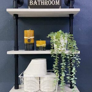 ROGMARS Industrial Pipe Shelving Bathroom Pipe Shelves with Towel Bar,3 Tier 24 inch Retro White Rustic Farmhouse Pipe Industrial Wall Shelves Bathroom Shelves Over Toilet for Storage