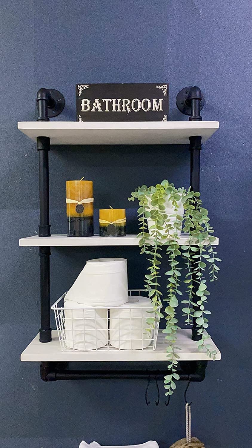 ROGMARS Industrial Pipe Shelving Bathroom Pipe Shelves with Towel Bar,3 Tier 24 inch Retro White Rustic Farmhouse Pipe Industrial Wall Shelves Bathroom Shelves Over Toilet for Storage