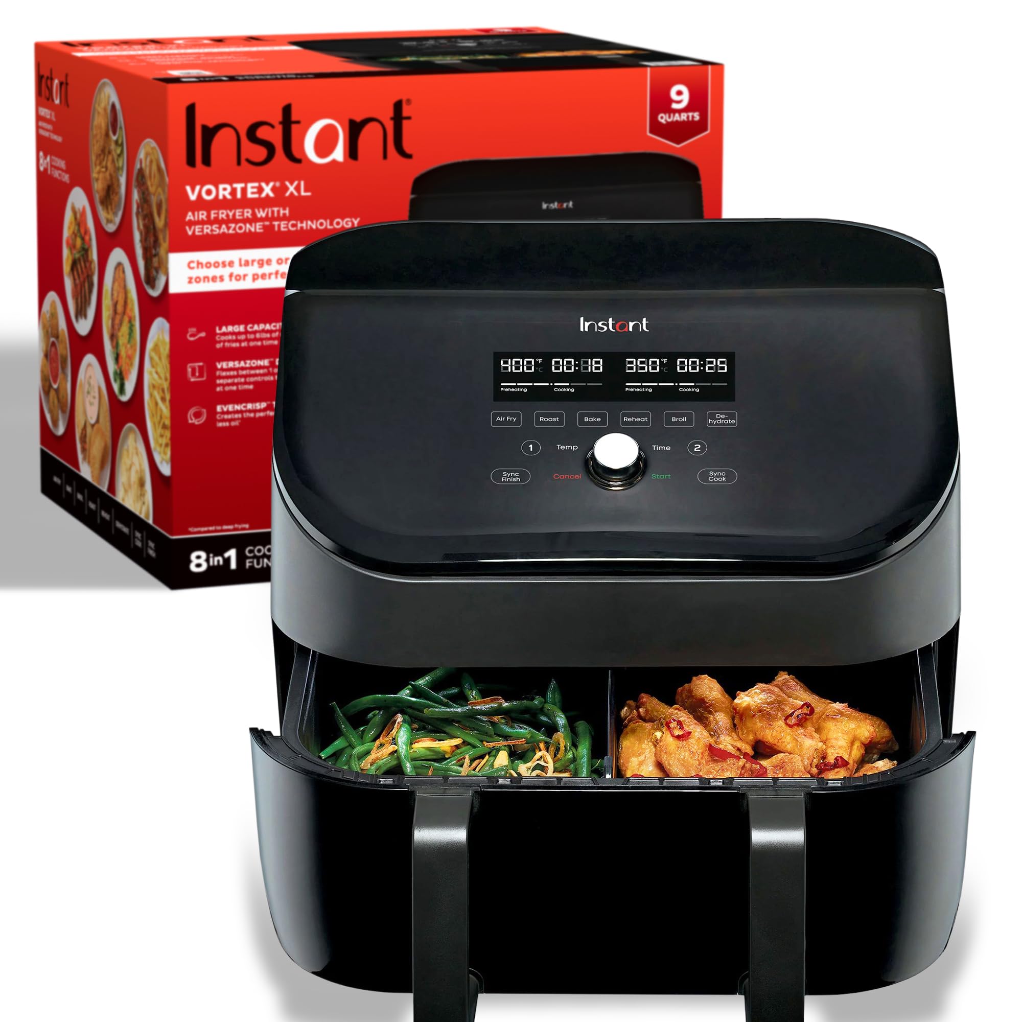 Instant Pot VersaZone 9QT Air Fryer,8-in-1 Functions with EvenCrisp Technology, Crisps,Broils, Bakes,Roasts, Dehydrates,Reheats at Same or Different Temperature, from the Makers of Instant Pot, Black